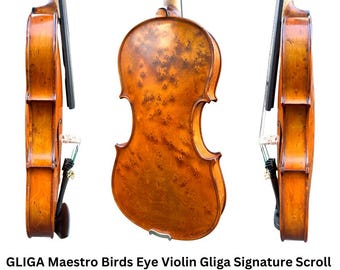 May include: A brown violin with a birds-eye maple finish. The violin has a Gliga signature scroll and is displayed on a stand.