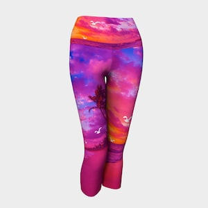 Pink Skies Birds Yoga Capris - Maldives Sunset Yoga Leggings - Compression Fit