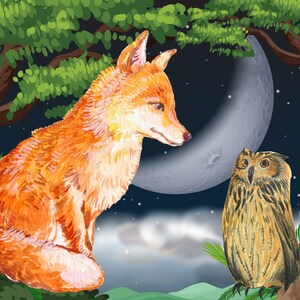 Carte de renard et de hibou - amour de renard et de hibou - histoire d'amour de carte de voeux de 5 x 7 po.