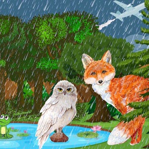 Fuchs und Eule Karte - Fuchs und seine Liebe im Regen - 13 x 18 cm Grußkarte Love Story