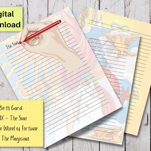 Páginas del Cuaderno de Cartas de Nacimiento del Tarot / Descarga Digital / XIX - El Sol / X - La Rueda de la Fortuna / I - El Mago / Páginas del Diario Imprimibles