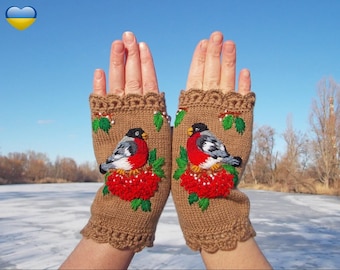 Fingerless gloves womens with bird,Embroidered gloves with bullfinch,Womens arm warmers,Fingerless Mittens Womens