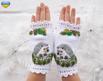 Vingerloze handschoenen met geborduurde egel, vingerloze wanten met geborduurd, womens armwarmers, cadeau moederdag