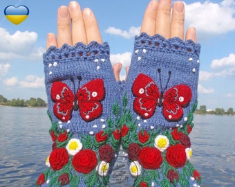 Fingerless gloves with butterfly embroidery, Hand knitted mitts with merino wool, Floral mitts, Blue mittens with embroidered roses