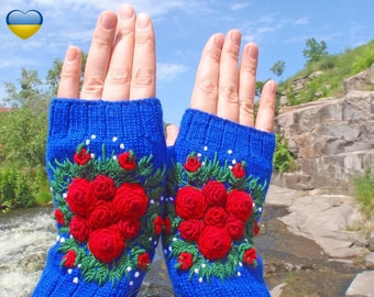 Arm Warmers For Women, Gloves Womens Embroidered Roses, Hand warmers, Hand knitted mittens