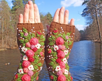 Fingerless Gloves With Embroidered, Gloves long womens ,Flowers gloves, Gloves Embroidered roses ,Hand warmers