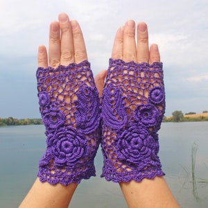 Fingerless gloves lace womens,Crochet mittens,Irish lace,Summer mitts,Evening gloves,Gloves and mittens,Fingerless gloves,Purple gloves
