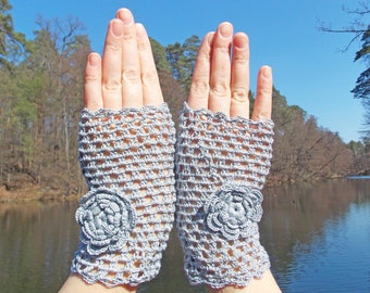 Crochet Fingerless Gloves, Lace Mitts with Rose, Cotton