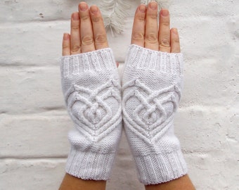 Hand Knitted Gloves, White  mittens  heart, Cable Knit Gloves , Birthday gift