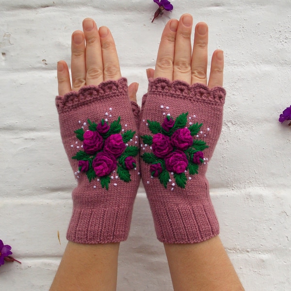 Embroidered Gloves With Roses, Pink Gloves With Purple Rose, Fingerless Gloves Womens,Womens Arm Warmers,Knitted Gloves