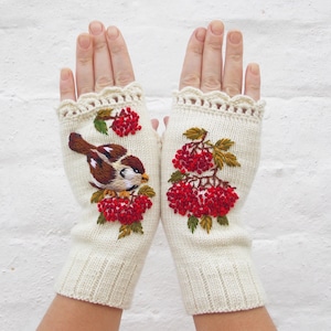 Fingerless Mittens With Sparrow, Embroidered Gloves With Bird, IvoryWomens Arm Warmers, Knitted Fingerless Gloves,Christmas present