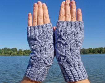 Chauffe-bras Femmes avec papillon, mitaines sans doigts femmes, mitaines tricotées à la main, chauffe-poignet bleu, gants sans doigts pour femmes
