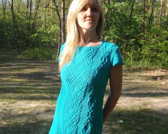 Hand-Knitted Turquoise Cotton Summer Dress, Trapezoid Fit
