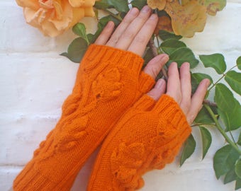 Hand warmers,Gloves are knitted,Gloves without fingers with oak leaves,Gloves And Mittens,Orange Fingerless Gloves,Hand Knitted Mittens