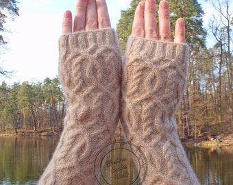 Gants longs sans doigts, gants en tricot torsadé, gants longs femmes, mitaines sans doigts beiges, gants sans doigts tricotés