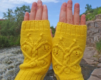 Pulswärmer mit Schmetterling,Fingerlose Handschuhe Damen,Merino Wolle Handschuhe,Gestrickte gelbe Fäustlinge