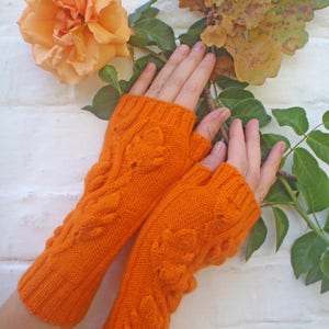 Hand warmers,Gloves are knitted,Gloves without fingers with oak leaves,Gloves And Mittens,Orange Fingerless Gloves,Hand Knitted Mittens image 1