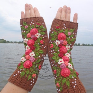 Fingerless Gloves With Embroidered, Gloves long womens ,Flowers gloves, Gloves Embroidered roses ,Hand warmers image 8