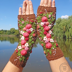 Fingerless Gloves With Embroidered, Gloves long womens ,Flowers gloves, Gloves Embroidered roses ,Hand warmers image 3