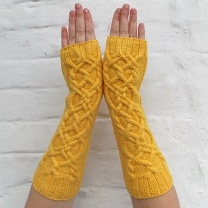 Long Fingerless Gloves, Cable Knit Gloves, Fingerless mittens womens, Hand knitted mittens, Yellow mittens merino wool