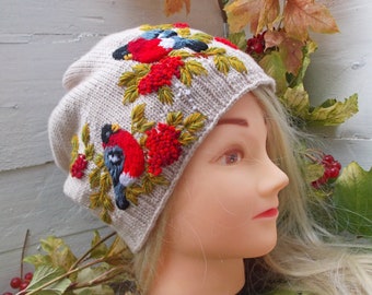 Embroidered hat with bullfinches, Knitted hat with birds, Woolen hat with Embroidered  birds on mountain ash