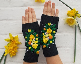 Black gloves with yellow roses, Knitted mittens, Embroidery Yellow flowers, Fingerless gloves, Wool gloves for woman