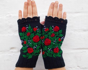 Embroidered Gloves With Roses, Fingerless Mittens Embroidered Roses, Womens Arm Warmers,Womens Black Gloves, Hand Knitted Mittens