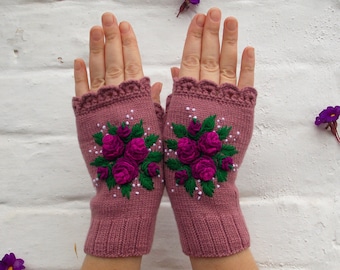 Embroidered Gloves With Roses, Pink Gloves With Purple Rose, Fingerless Gloves Womens,Womens Arm Warmers,Knitted Gloves