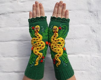 Fingerless Gloves Embroidery Snake, Fingerless Mittens with Viper, Long fingerless gloves ,Mittens embroidery