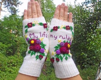 White mitts  My life my rules  Hand warmers  Embroidered flowers Knitted gauntlets  Mitts with embroidery  Merino Wool  Fingerless gloves