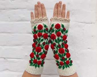 Embroidered Gloves With Roses, Long Fingerless Gloves, Ivory Gloves With Roses, Сozy Fingerless Mittens, Fingerless Gloves Womens