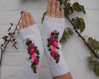 Long Fingerless Gloves ,Embroidered Gloves with roses, Hand knitted Mittens Womens, Embroidered Gloves with roses