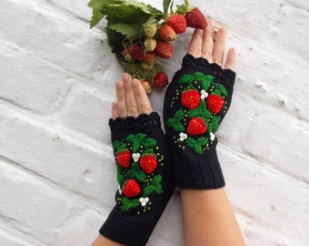 Mittens With Embroidered Strawberries ,Strawberry Gloves ,Fingerless Gloves Womens,Embroidery gloves,Arm Warmers Womens,Wrist Warmers