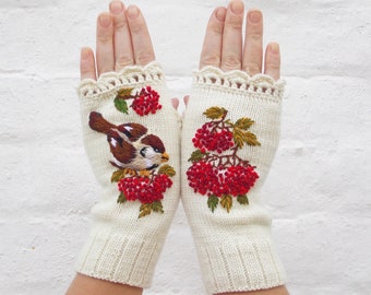 Fingerless Mittens With Sparrow, Embroidered Gloves With Bird, IvoryWomens Arm Warmers, Knitted Fingerless Gloves,Christmas present
