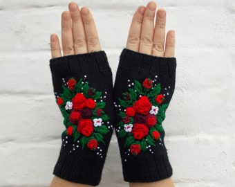 Embroidered Gloves With Roses, Fingerless Mittens Embroidered Roses, Womens Arm Warmers, Black Gloves, Hand Knitted Mittens, Gloves Womens