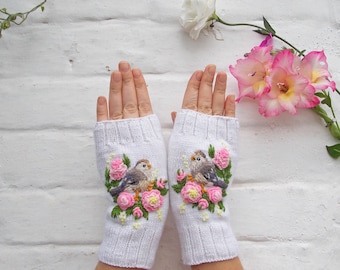 Fingerless Mittens With Embroidery, Fingerless Gloves With Bird, Womens Arm Warmers With Bird, Merino Wool Mittens, Christmas Gift For Her