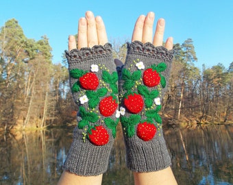 Fingerless gloves strawberry, Embroidered fingerless gloves, Hand knitted mittens, Gray Hand warmers, Merino Wool Gloves