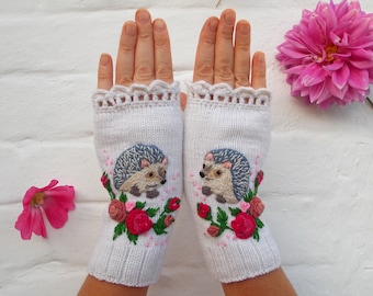 Embroidered Gloves with hedgehogs, Knitted Fingerless Gloves with  animals, Embroidered Gloves hedgehogs and flowers, Embroidered mittens