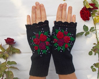 Gestickte Handschuhe mit Blumen, schwarze Handschuhe mit Rosen, fingerlose Handschuhe Damen, Damen Armstulpen, handgestrickte Handschuhe