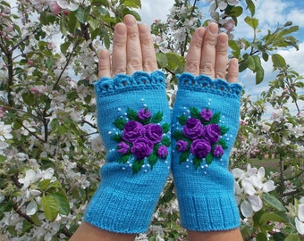 Embroidered Gloves With Roses,Blue Gloves With Purple Roses, Fingerless Gloves Womens,Womens Arm Warmers,Knitted Gloves