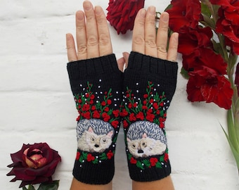 Embroidered Gloves with hedgehogs, Knitted Fingerless Gloves with  animals,Embroidered fingerless mittens hedgehogs and flowers