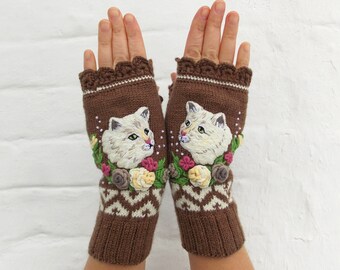 Fingerless Mittens With Embroidery  Cat, Gloves With Cat, Embroidered Fingerless Gloves, Womens Arm Warmers, Fingerless Gloves Cat And Roses