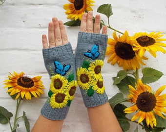 Bestickte Handschuhe mit Sonnenblumen, Damen Armswärmer Stickerei Schmetterling, Merinowolle Fingerlose Handschuhe