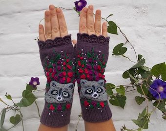 Geborduurde handschoenen met wasbeer, paarse handschoenen met borduurbloemen, vingerloze handschoenen dames, dames armwarmers, gebreide handschoenen