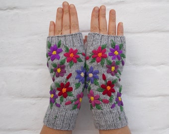 Guantes bordados con flores, manoplas sin dedos para mujer, guantes de punto a mano, regalo para ella