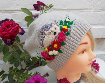 Hand Knit Hat With Embroidered Hedgehog, Embroidered Hat With Hedgehog, Hedgehog Hat, Flower Hat, Gray Wool Hat, Dark Gray Beanie Hat