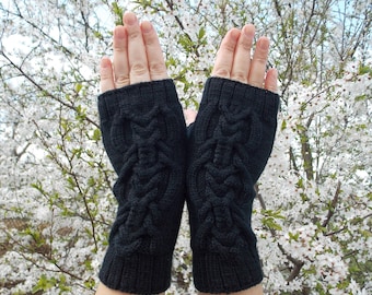 Hand Knitted Fingerless Gloves ,Cable Knit Gloves,Black Gloves, Fingerless mittens womens