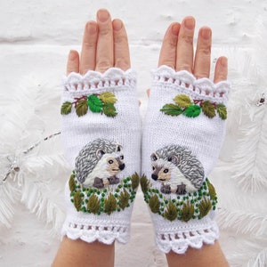 Fingerless Gloves With Embroidered Hedgehog, Fingerless Mittens With Embroidered, Womens Arm Warmers, Gift Mother's Day