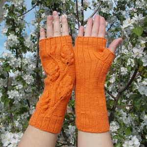 Hand warmers,Gloves are knitted,Gloves without fingers with oak leaves,Gloves And Mittens,Orange Fingerless Gloves,Hand Knitted Mittens image 4