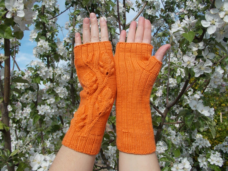 Hand warmers,Gloves are knitted,Gloves without fingers with oak leaves,Gloves And Mittens,Orange Fingerless Gloves,Hand Knitted Mittens image 4